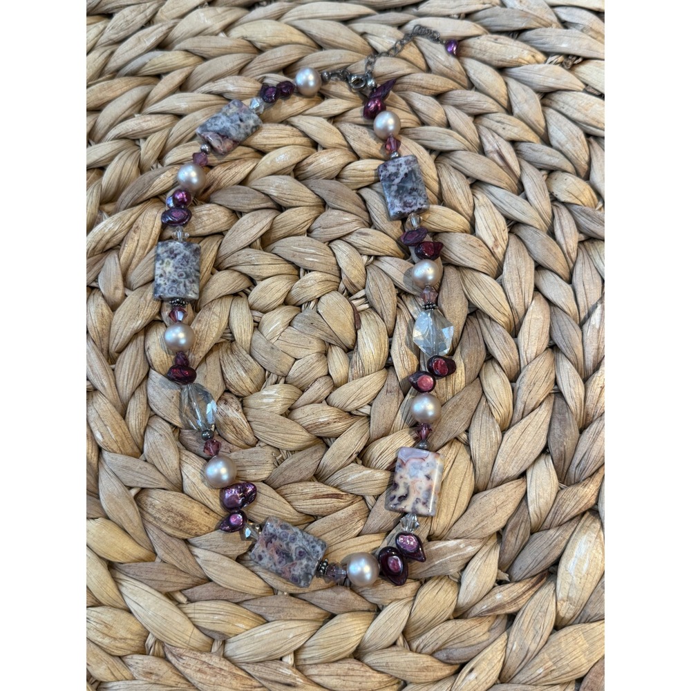 Artisan Beaded Necklace Sterling Silver 925 Jasper Pearl Crystal Purple Grey